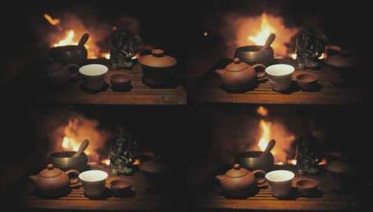 篝火旁的茶具高清在线视频素材下载
