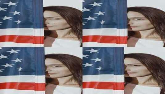 举美国国旗的女人竖屏镜头高清在线视频素材下载