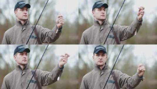男人在湖边钓鱼并用大拇指点了个赞高清在线视频素材下载