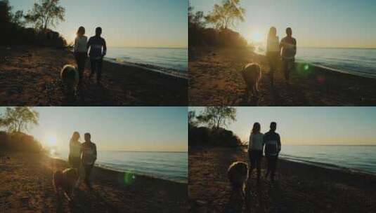 日落时在海边遛狗的夫妇高清在线视频素材下载