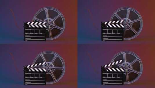 场记板与转动的电影胶卷 3D渲染高清在线视频素材下载