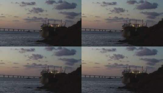 宁波舟山海滨轮船黄昏航拍709高清在线视频素材下载