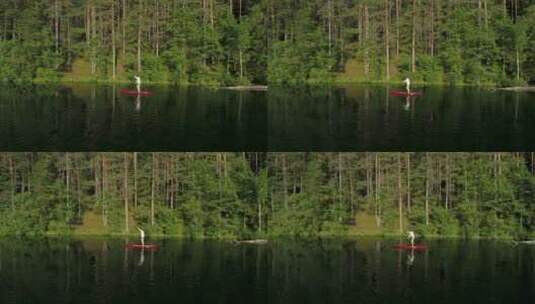 一名女子在森林中的红色滑板上航行高清在线视频素材下载