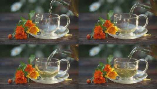 倒入玻璃杯中的绿茶高清在线视频素材下载