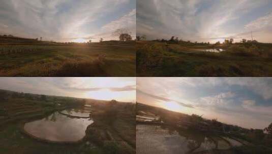 夕阳下的农村农田大雁穿越机航拍黄金时段高清在线视频素材下载