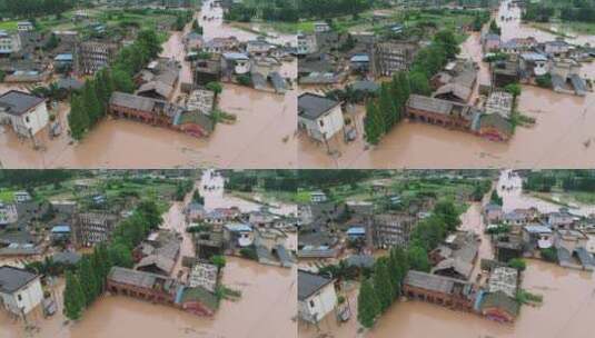2020年夏天四川洪水灾情航拍房屋被水淹没高清在线视频素材下载