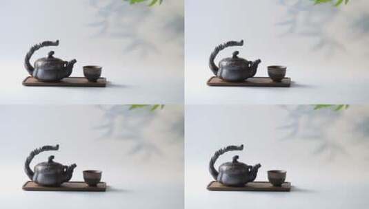 竹叶下的茶壶与茶杯高清在线视频素材下载