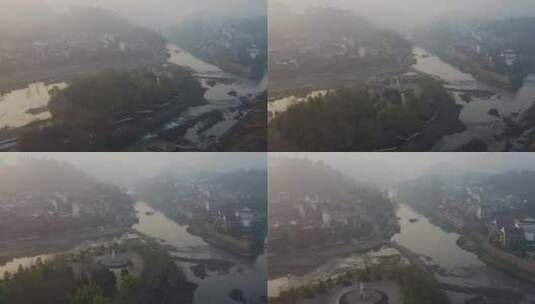 航拍清晨的湘西茶峒古镇（边城）风景高清在线视频素材下载
