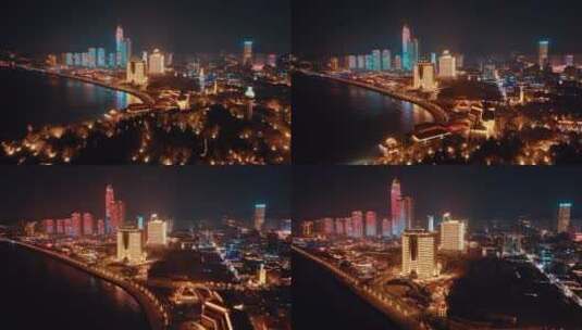 山东烟台城市夜景灯光秀航拍高清在线视频素材下载