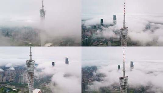 广州城市地标广州塔雨后穿云航拍4K视频高清在线视频素材下载