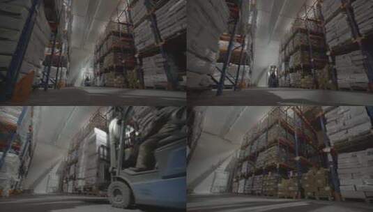 冷库内叉车穿梭运输食品高清在线视频素材下载