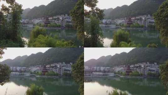 贵州航拍镇远古镇中式小桥流水大山环绕景色高清在线视频素材下载