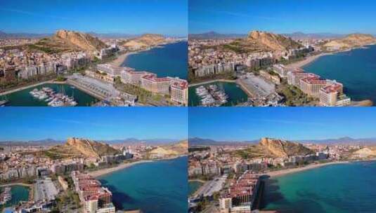 飞越码头、酒店和海滩。4k西班牙阿利坎特的无人机图像。主要的attrac高清在线视频素材下载