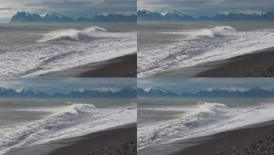 海浪拍打着黑色沙滩高清在线视频素材下载