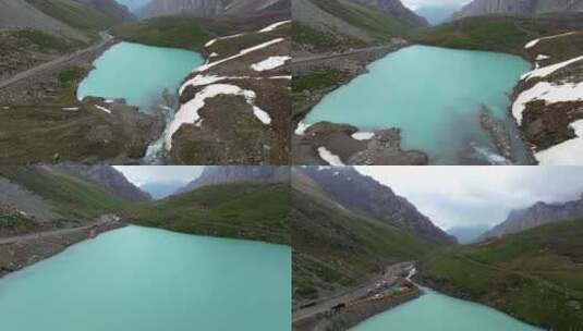 新疆独库公路哈希勒根达坂蓝色小湖泊航拍高清在线视频素材下载