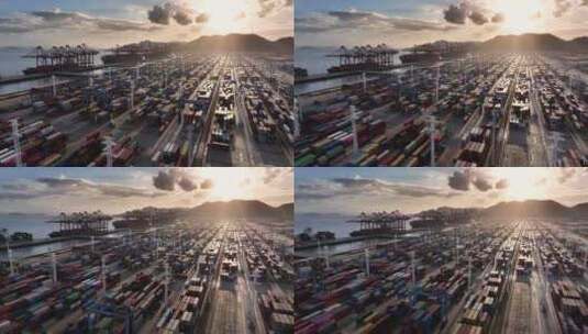 宁波舟山港北仑集装箱码头港口日出航拍高清在线视频素材下载