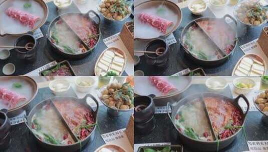 一桌鸳鸯锅火锅和火锅菜品高清在线视频素材下载