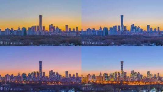 冬季北京国贸城市天际线日转夜延时高清在线视频素材下载
