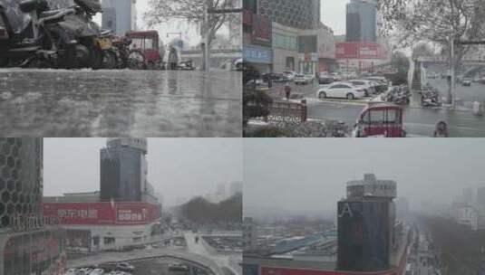 河南南阳人民路冬季雪景航拍高清在线视频素材下载