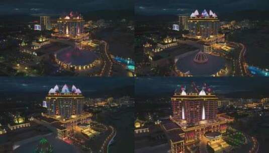 老挝金三角特区木棉之星酒店城市夜景航拍高清在线视频素材下载