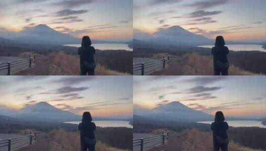 游客日本拍摄富士山的背影高清在线视频素材下载