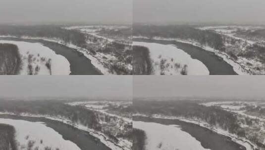 春分时节的大兴安岭河流湿地风雪高清在线视频素材下载
