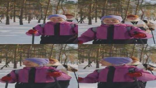 微笑的老人和女人在雪地里练习北欧行走高清在线视频素材下载