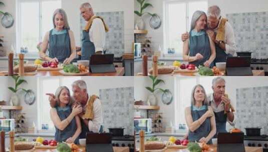老夫妇，拥抱和厨房烹饪或食物食谱，柜台上高清在线视频素材下载