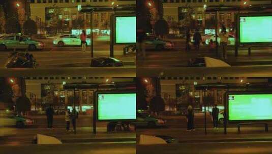 城市夜晚公交站台等车的行人人流延时高清在线视频素材下载