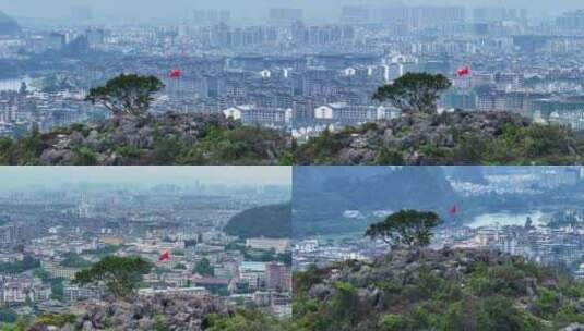 航拍城市山顶的红旗高清在线视频素材下载