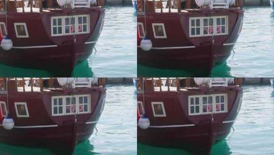 帆船船尾的特写镜头，古雅的窗户反映了船上高清在线视频素材下载