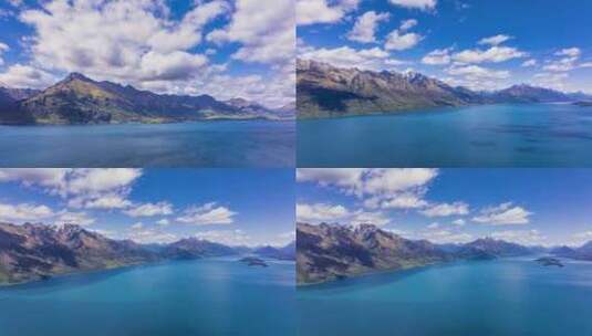 新西兰皇后镇瓦卡蒂普湖蓝天白云雪山光影高清在线视频素材下载