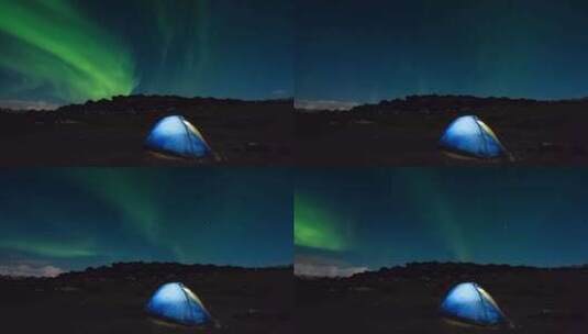 北极光背景下的旅游帐篷-北极光。高清在线视频素材下载