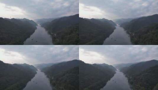湖南郴州东江湖小东江清晨迷雾航拍高清在线视频素材下载