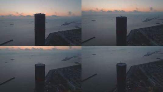上海宝山长滩观光塔清晨蓝调航拍高清在线视频素材下载