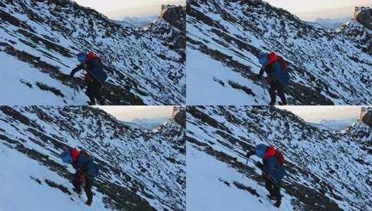 攀登四川岷山山脉主峰雪宝顶的登山者高清在线视频素材下载