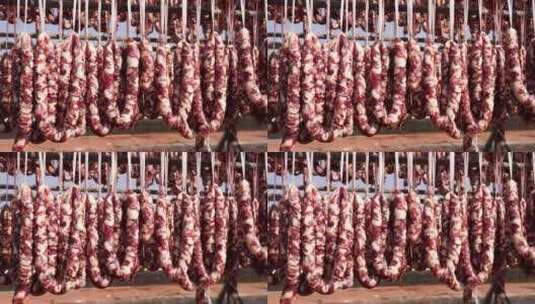 晾晒香肠腊肠制作新年春节传统肉制品年货高清在线视频素材下载