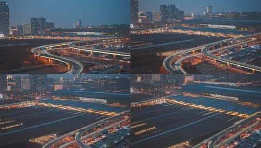 郑州东站高铁夜景航拍高清在线视频素材下载