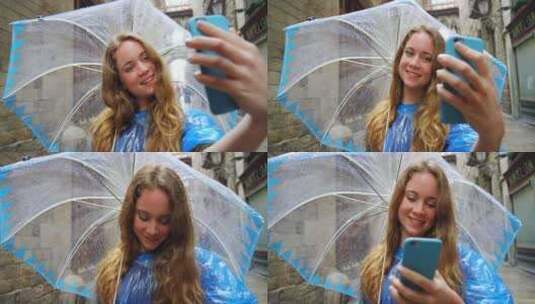 女人，雨中的雨伞和自拍，在巴塞罗那度假时高清在线视频素材下载