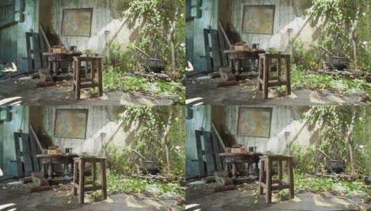 一个废弃的房间，里面有椅子和桌子，处于破高清在线视频素材下载