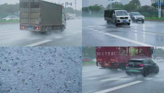 夏天暴雨城市道路大雨滂沱雨景特写慢镜合辑高清在线视频素材下载