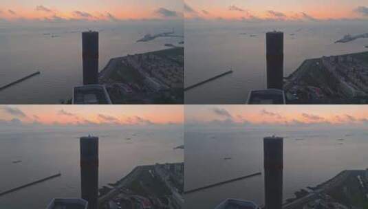 上海宝山长滩观光塔清晨蓝调航拍高清在线视频素材下载