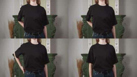 穿黑色t恤女人的上半身近景高清在线视频素材下载