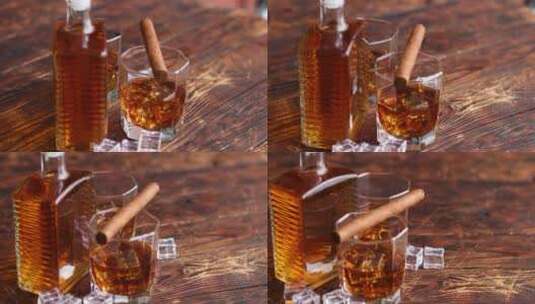 桌子上的威士忌和雪茄高清在线视频素材下载