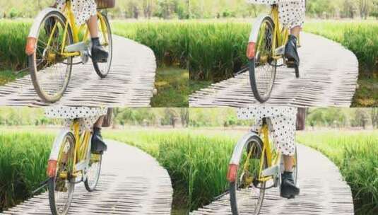 年轻女子在公园骑自行车高清在线视频素材下载
