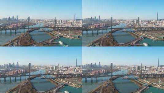 天津滨海新区海河大桥航拍高清在线视频素材下载