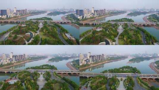 航拍金华城区金华江公园大桥现代城市风光高清在线视频素材下载