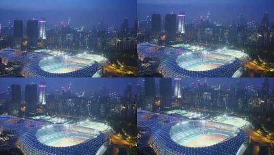 航拍从深圳湾体育场 推到场内活动俯拍 夜景高清在线视频素材下载
