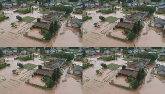四川洪水灾情航拍村庄被水淹没抗洪救灾高清在线视频素材下载
