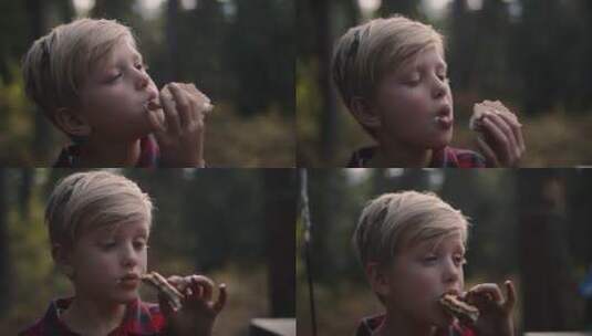 在户外吃野餐食物的男孩高清在线视频素材下载